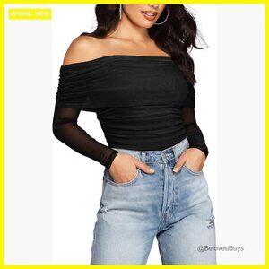 Off Shoulder Mesh Bodysuit Long Sleeve Slim Fit Polyester Spandex Medium